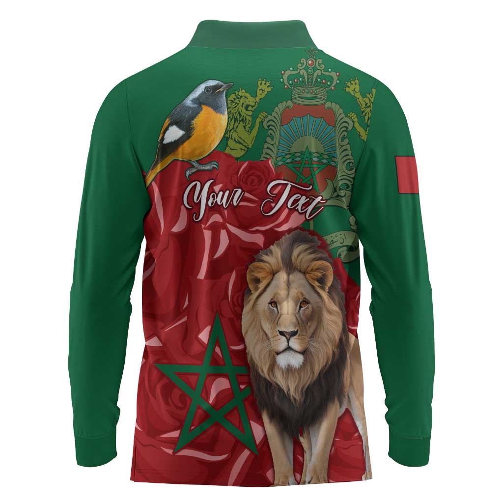 Morocco Independence Day Long Sleeve Polo Shirt with Barbary Lion and Moussier's Redstart
