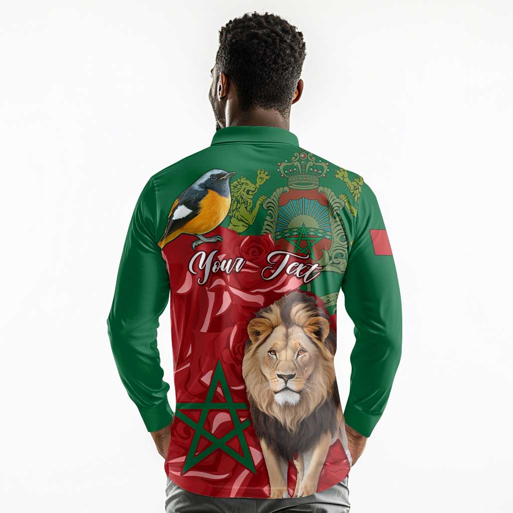 Morocco Independence Day Long Sleeve Polo Shirt with Barbary Lion and Moussier's Redstart