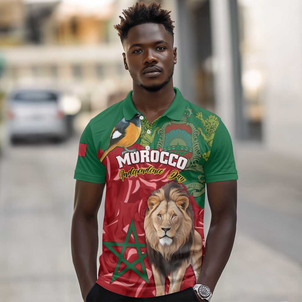 Morocco Independence Day Polo Shirt with Barbary Lion and Moussier's Redstart