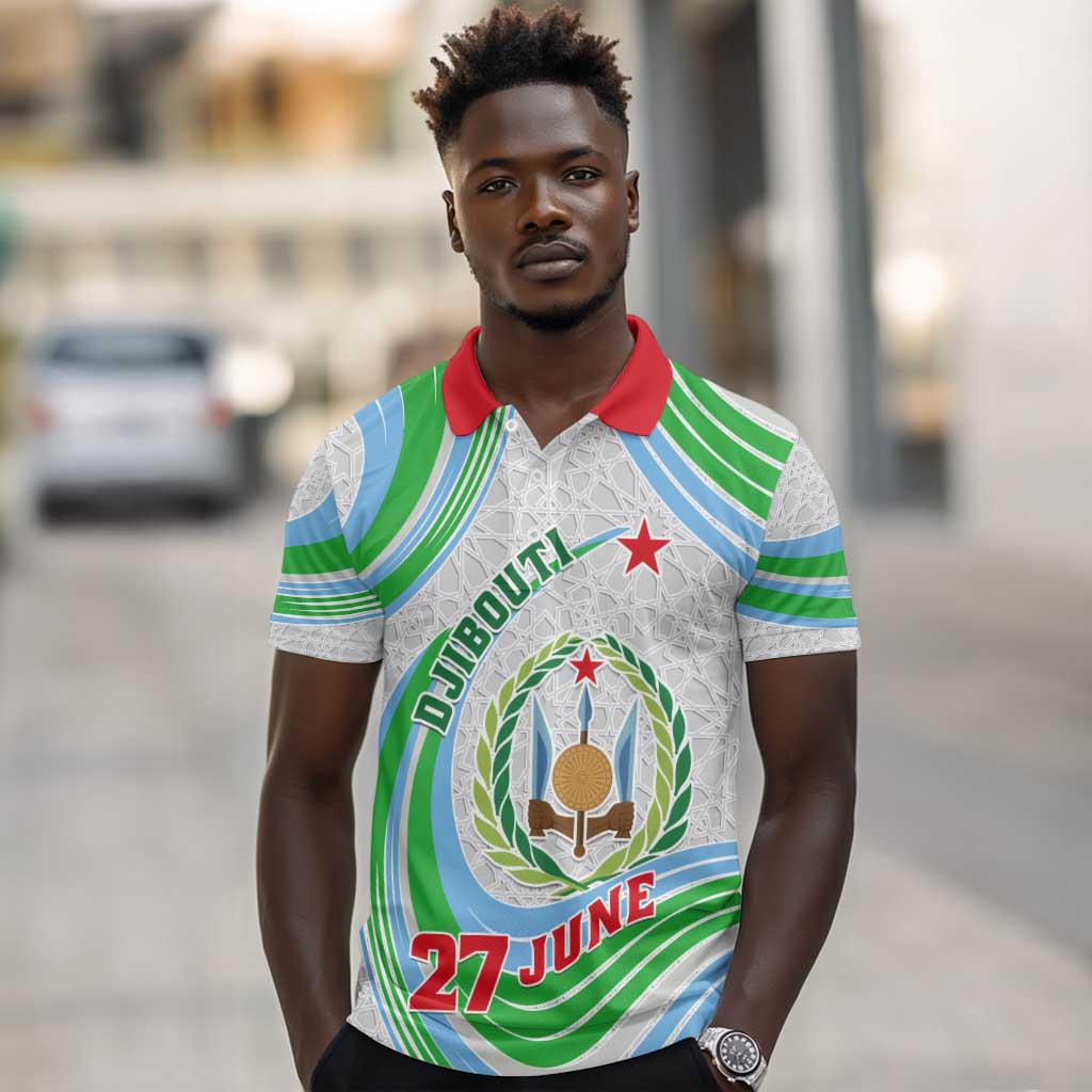 Custom Djibouti Independence Day Polo Shirt - June 27, Jabuuti Emblem with Islamic Pattern