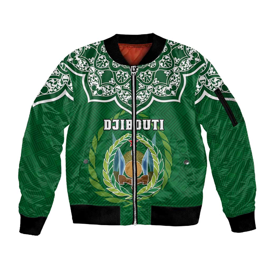 Custom Djibouti Sleeve Zip Bomber Jacket with Jabuuti Emblem and Islamic Floral Circle