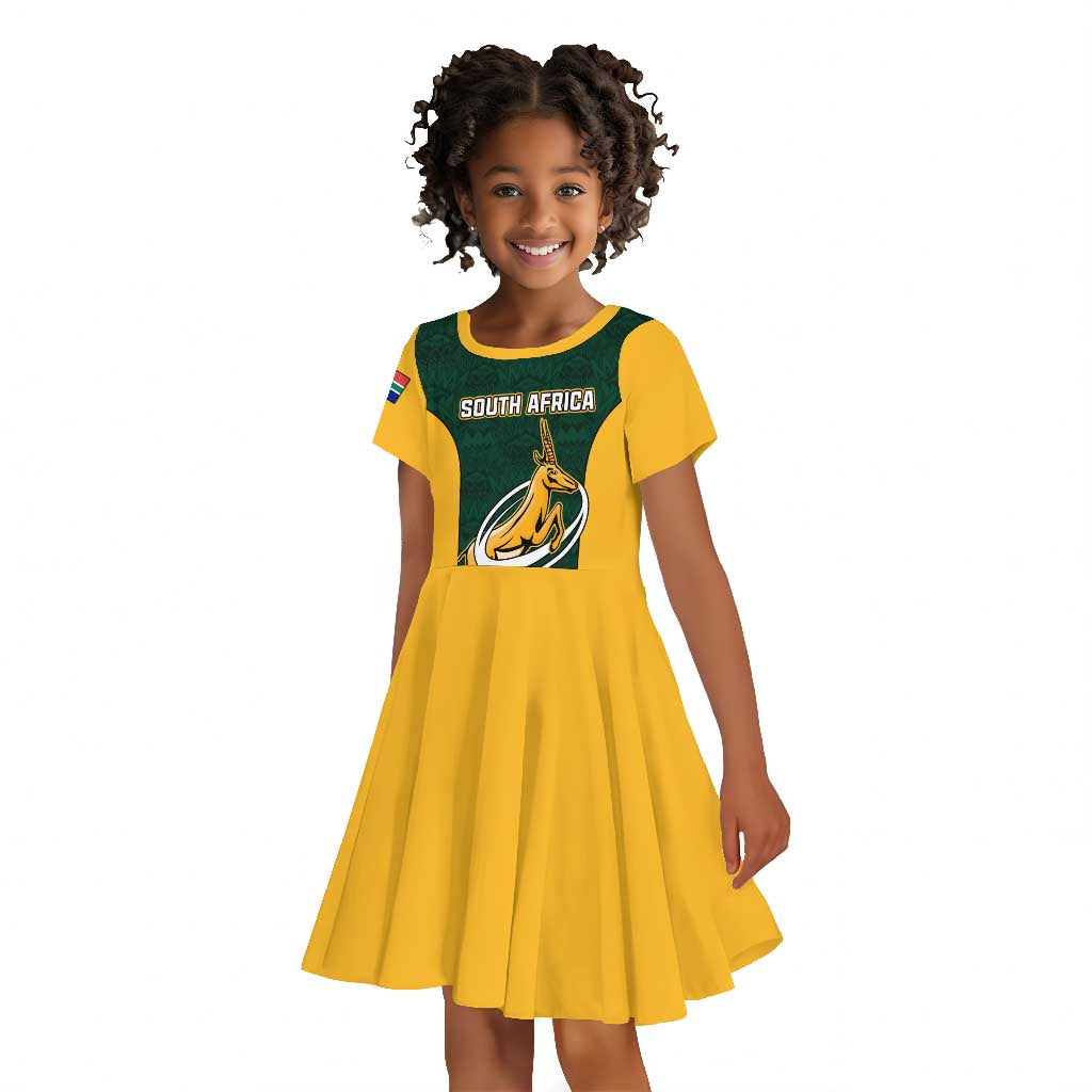 Custom South Africa Rugby Kid Short Sleeve Dress - Springboks Go Champions with Protea Pattern