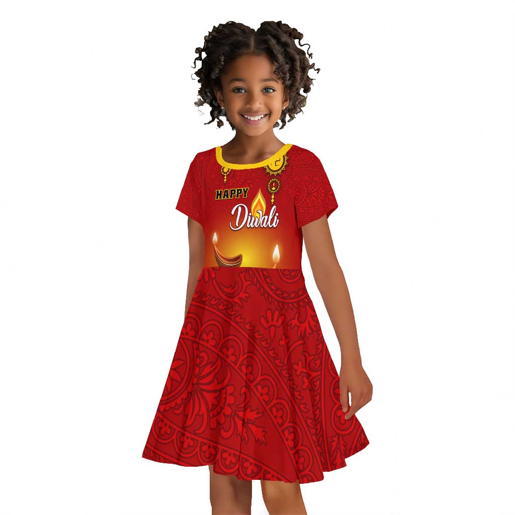 Personalized Diwali Festival Kid Short Sleeve Dress with Diya and Paisley Pattern