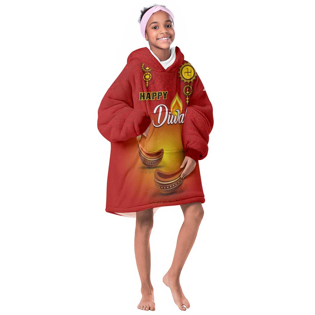 Personalized Diwali Festival KId Wearable Blanket Hoodie with Diya and Paisley Pattern