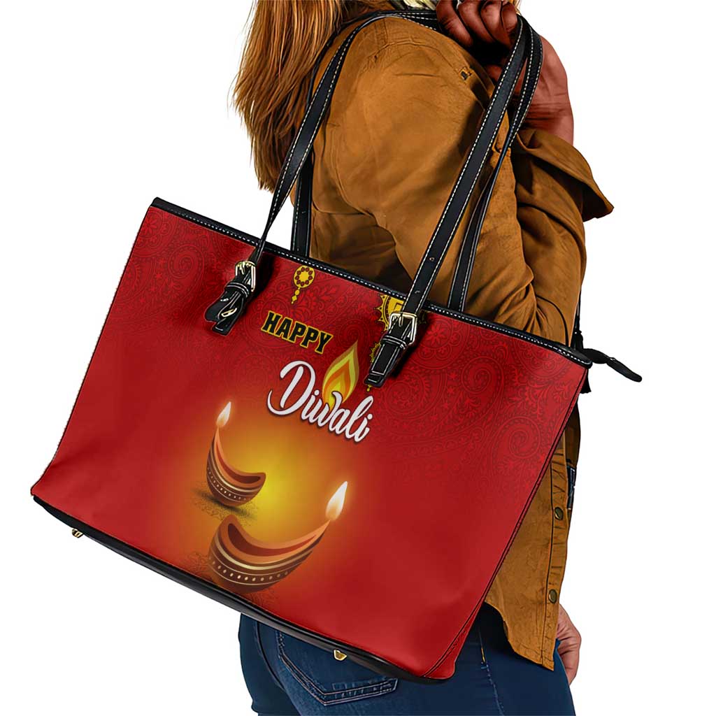 Diwali Festival Leather Tote Bag with Diya and Paisley Pattern