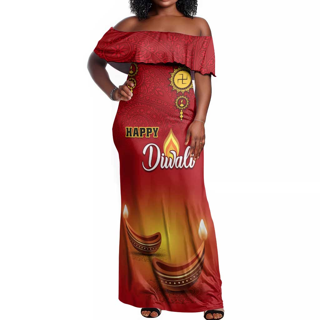 Personalized Diwali Festival Off Shoulder Maxi Dress with Diya and Paisley Pattern by AfricanPride Personalized Diwali Festival Off Shoulder Maxi Dress with Diya and Paisley Pattern by AfricanPride