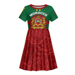 Morocco Proclamation Day Kid Short Sleeve Dress with Marruecos Coat of Arms and Roses Pattern