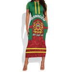 Morocco Proclamation Day Short Sleeve Bodycon Dress with Marruecos Coat of Arms and Roses Pattern