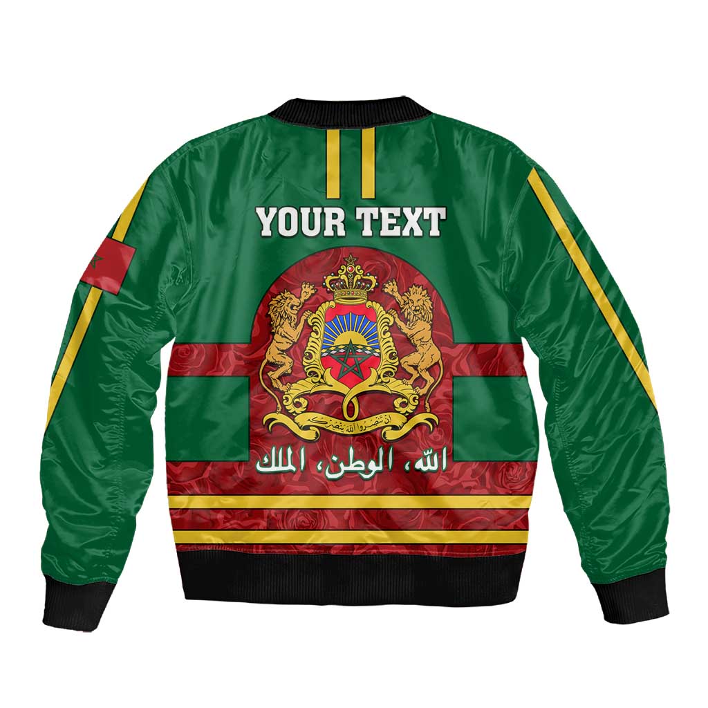 Morocco Proclamation Day Sleeve Zip Bomber Jacket with Marruecos Coat of Arms and Roses Pattern