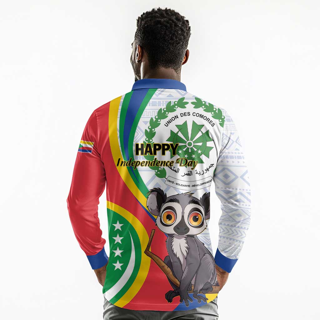 Comoros Long Sleeve Polo Shirt 1975 Komori Mongoose Lemur African Pattern