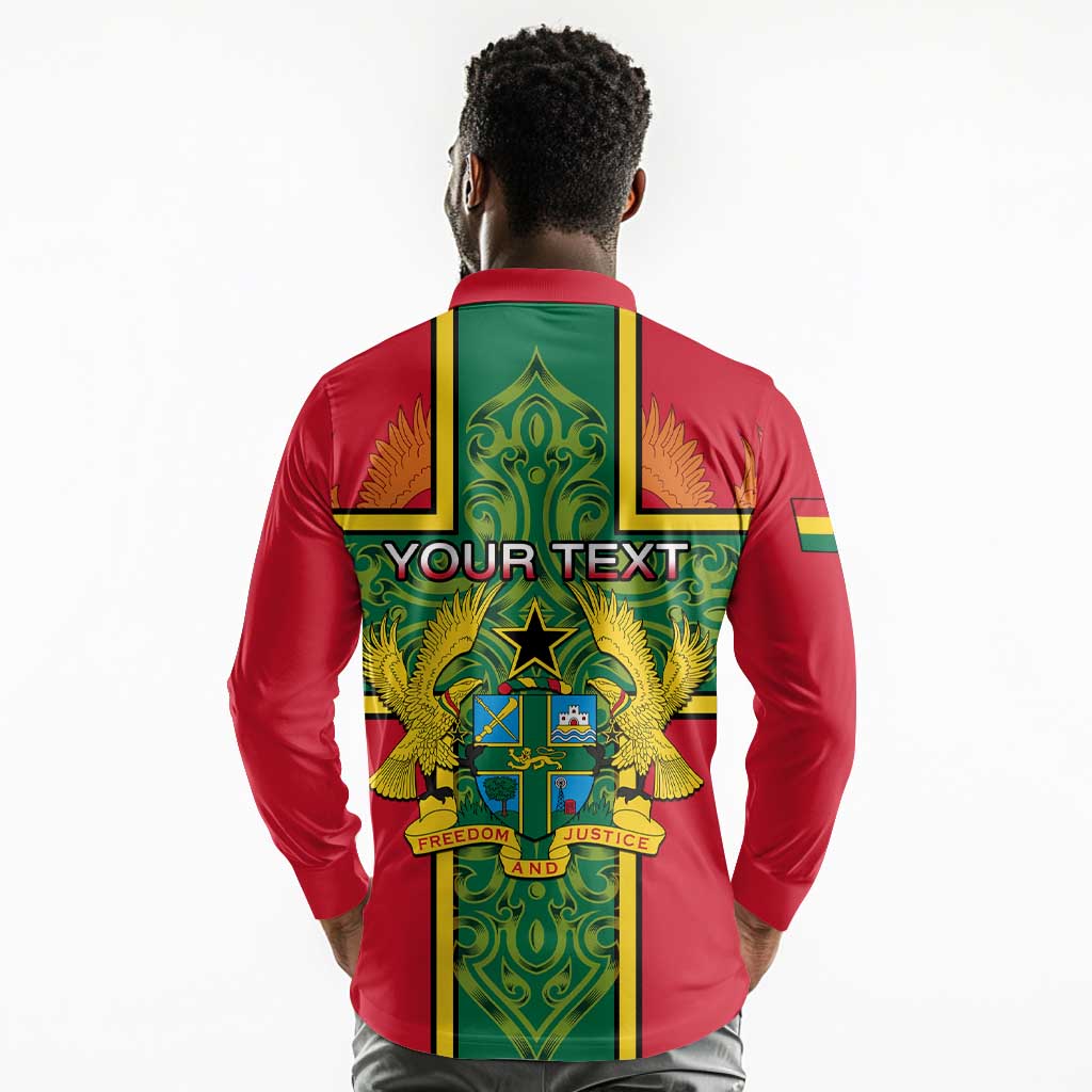 Custom Ghana Long Sleeve Polo Shirt with Cross of Saint George and Tawny Eagles