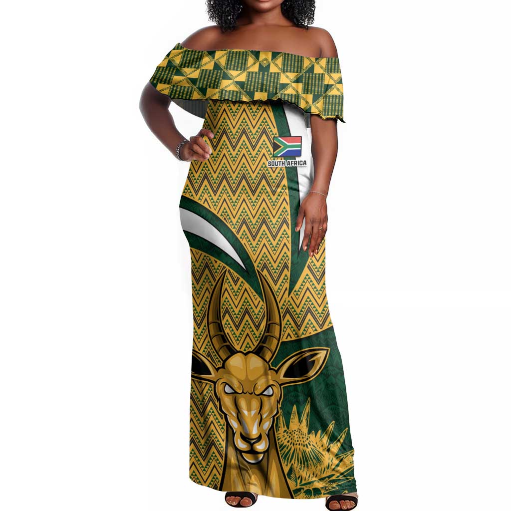 Custom South Africa Rugby Off Shoulder Maxi Dress - Go Bokke Champion, World Cup by AfricanPride Custom South Africa Rugby Off Shoulder Maxi Dress - Go Bokke Champion, World Cup by AfricanPride