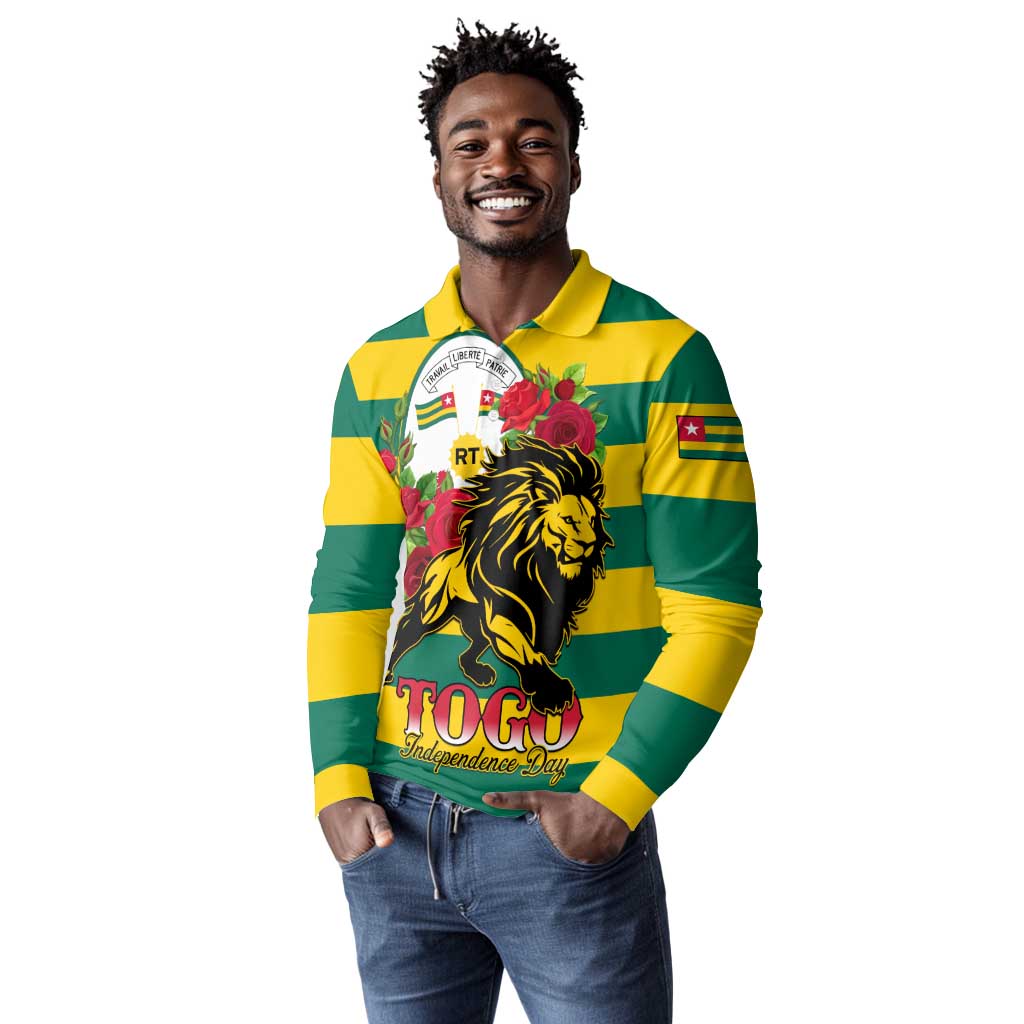 Togo Independence Day Long Sleeve Polo Shirt Lion With Rosa Flag Style