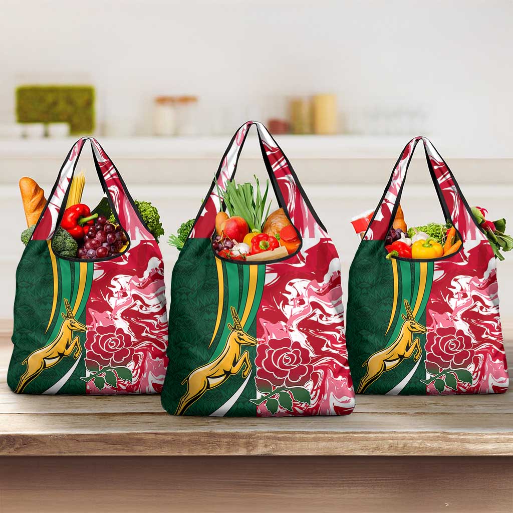 South Africa and England Rugby Grocery Bag - The Red Rose with Protea Pattern