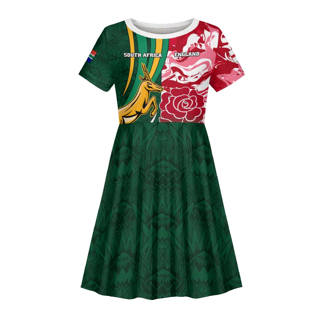 Custom South Africa and England Rugby Kid Short Sleeve Dress - The Red Rose with Protea Pattern