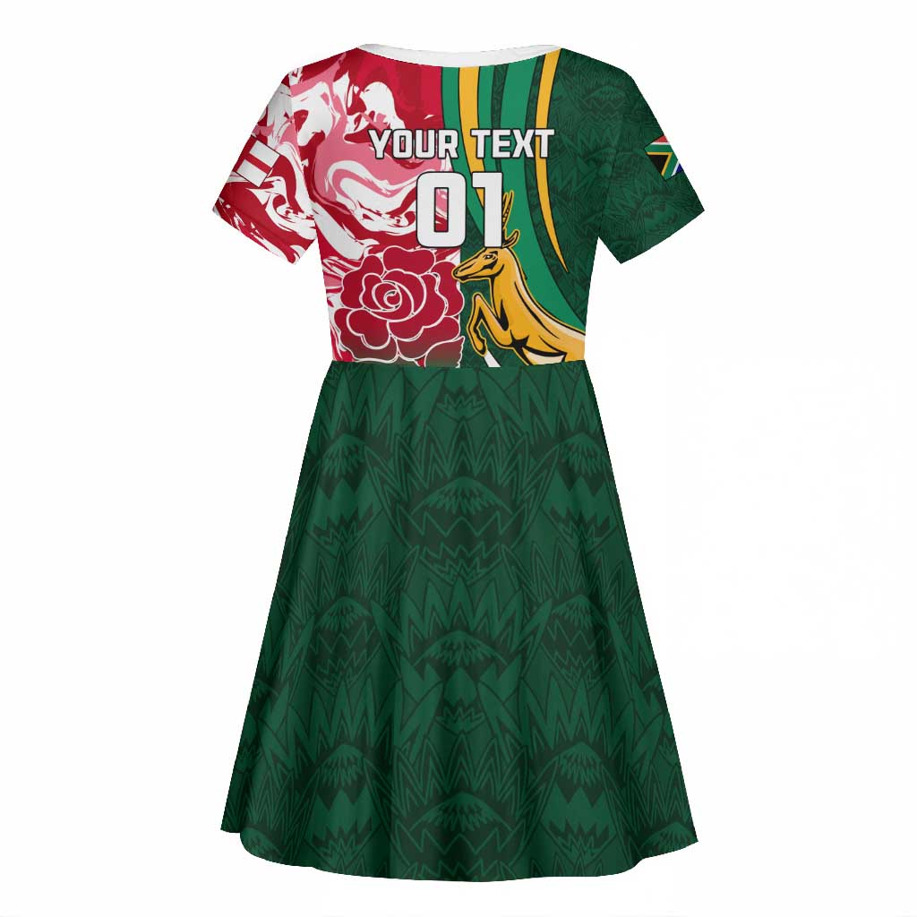 Custom South Africa and England Rugby Kid Short Sleeve Dress - The Red Rose with Protea Pattern