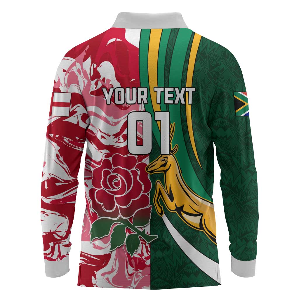 Custom South Africa and England Rugby Long Sleeve Polo Shirt - The Red Rose with Protea Pattern