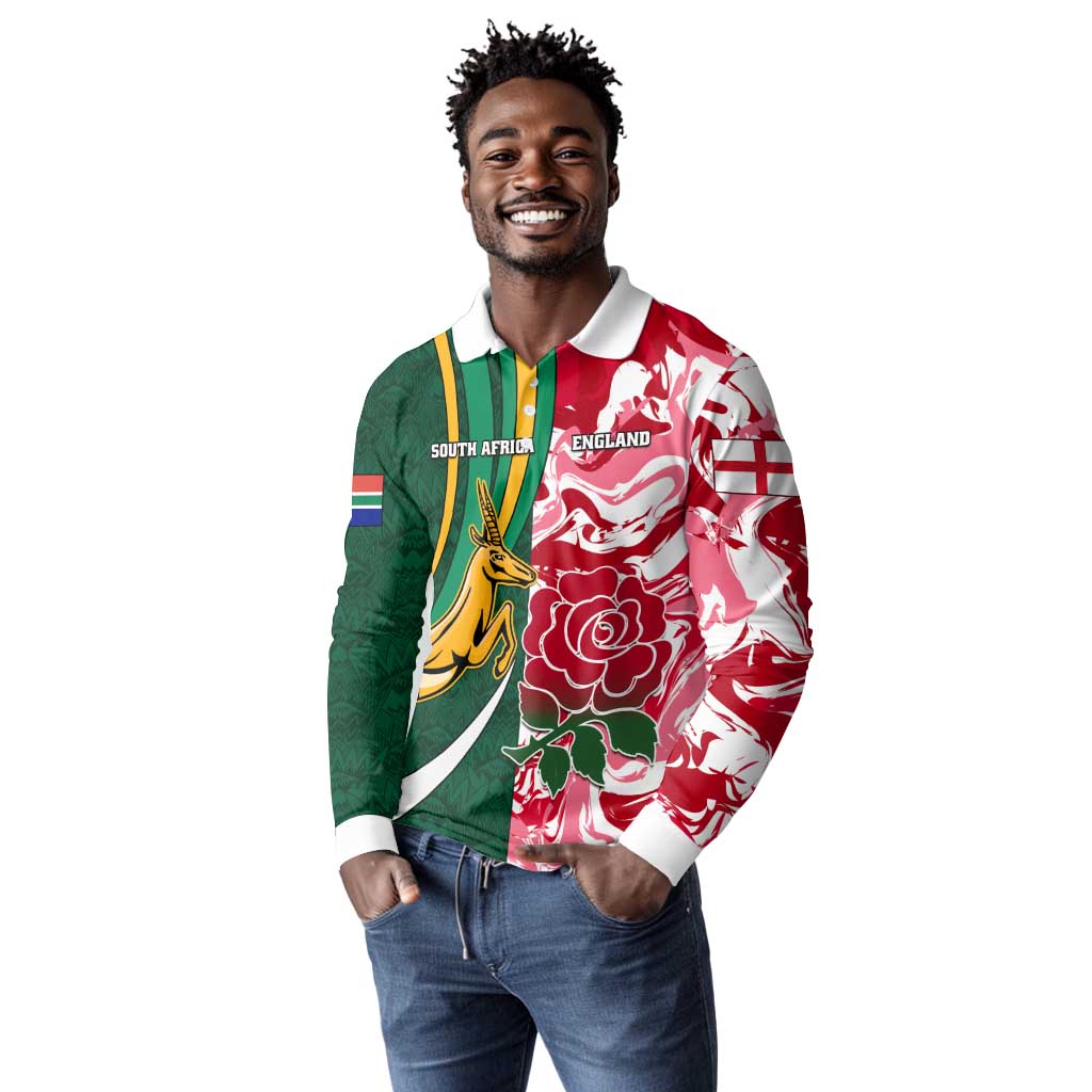 Custom South Africa and England Rugby Long Sleeve Polo Shirt - The Red Rose with Protea Pattern