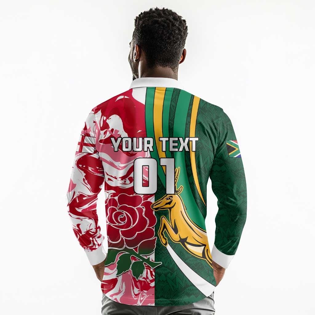 Custom South Africa and England Rugby Long Sleeve Polo Shirt - The Red Rose with Protea Pattern