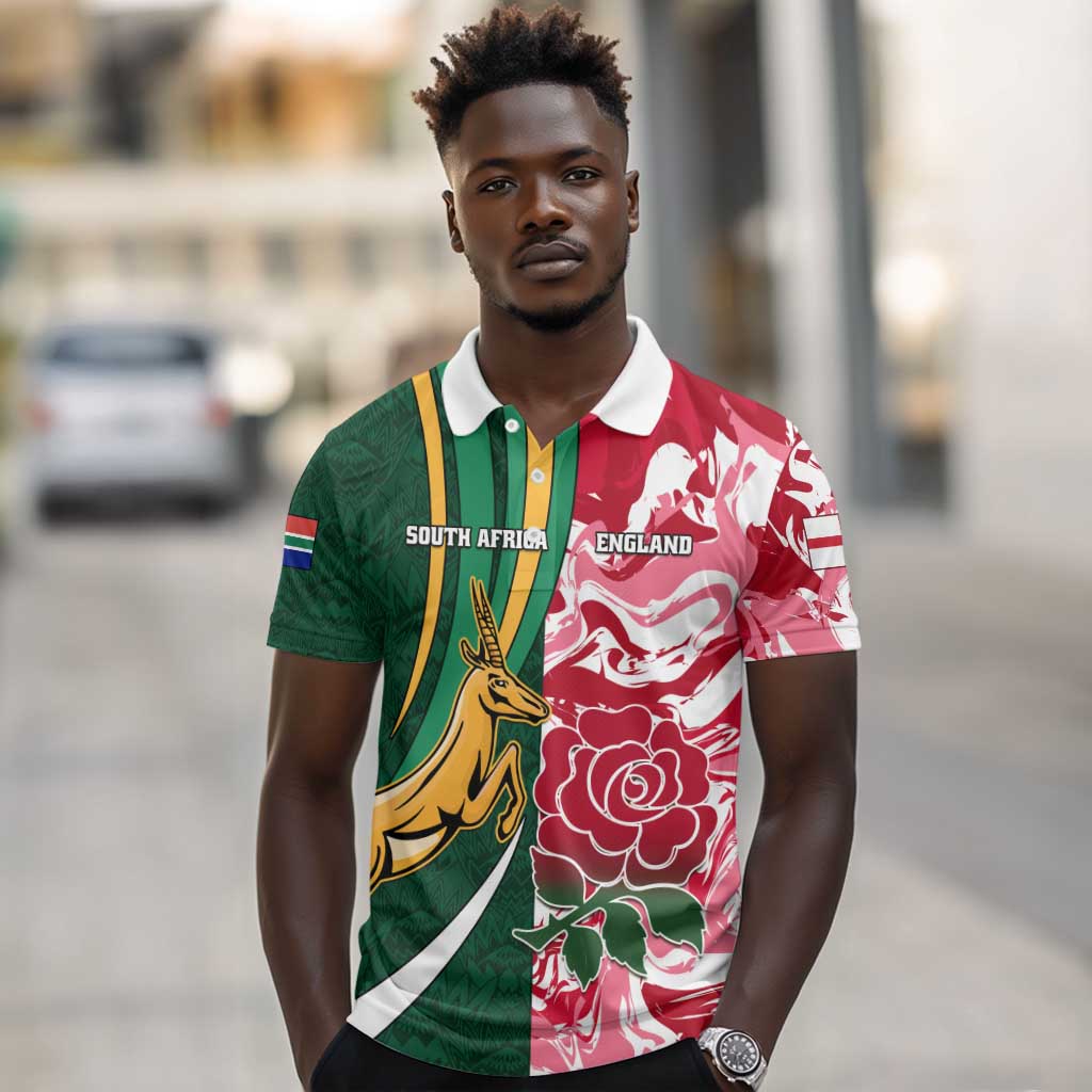 Custom South Africa and England Rugby Polo Shirt - The Red Rose with Protea Pattern