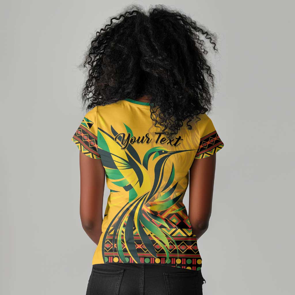Personalized Black Jamaican Independence Day 1962 Women V-Neck T-Shirt Jumieka Streamertail Reggae Pattern LT01