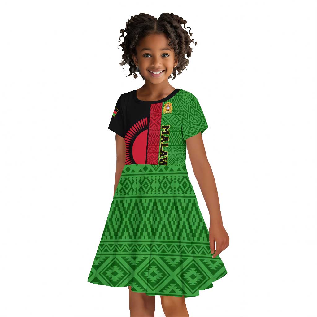 Personalized Malawi Kid Short Sleeve Dress with Coat of Arms and African Pattern