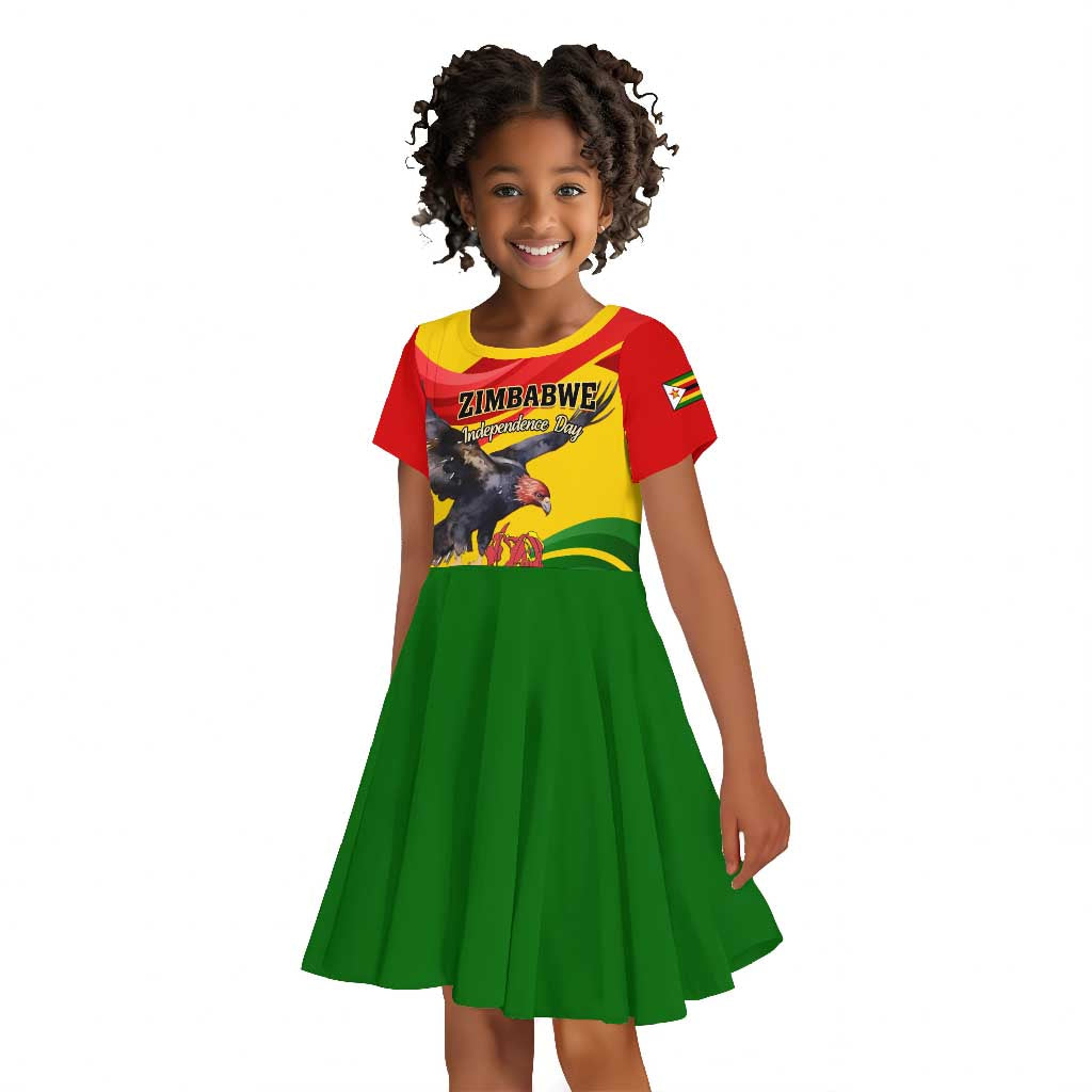 Zimbabwe Independence Day Kid Short Sleeve Dress Featuring Chapungu Bird and Flame Lily