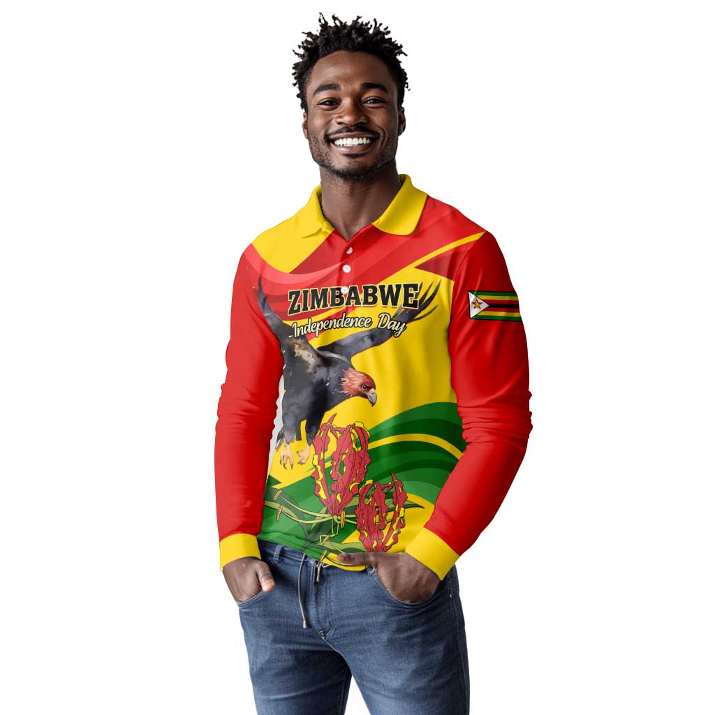 Zimbabwe Independence Day Long Sleeve Polo Shirt Featuring Chapungu Bird and Flame Lily
