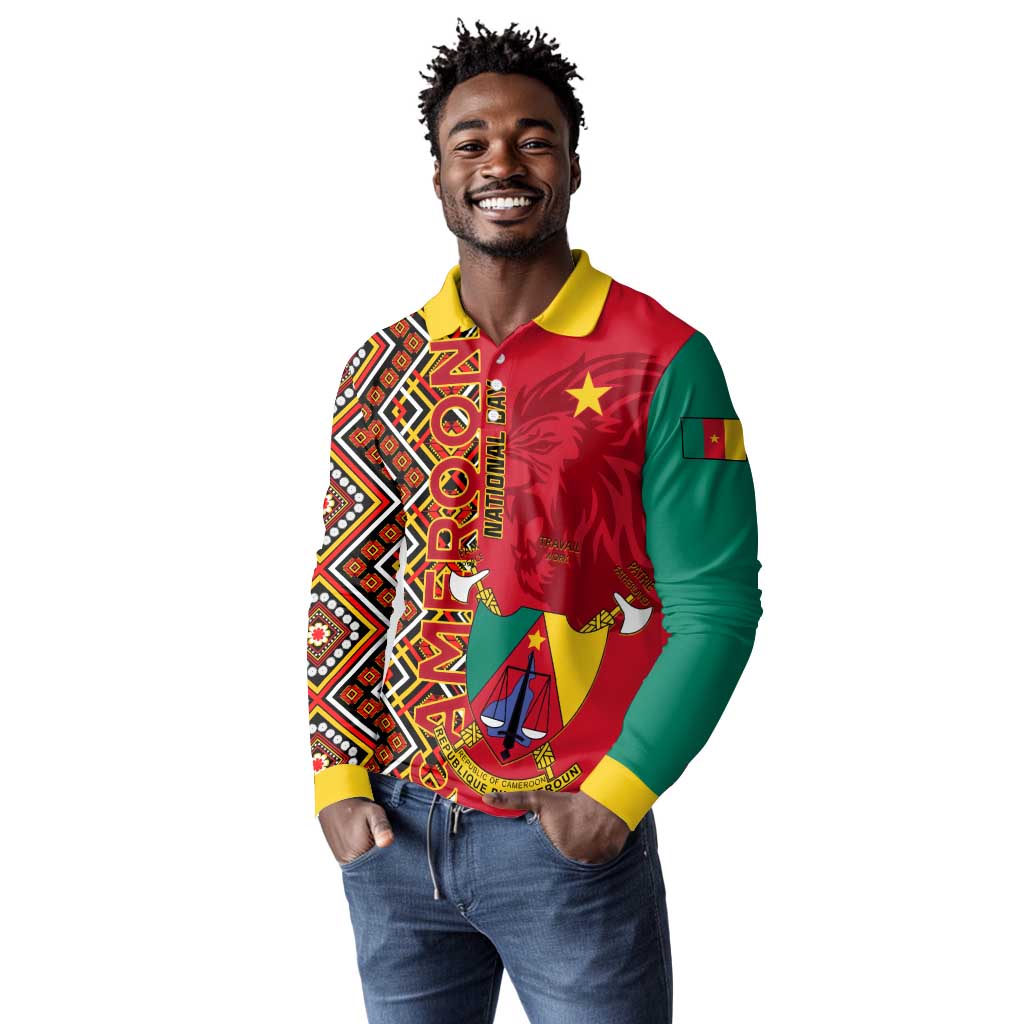 Cameroon National Day Long Sleeve Polo Shirt Cameroun Coat Of Arms Ankara Pattern