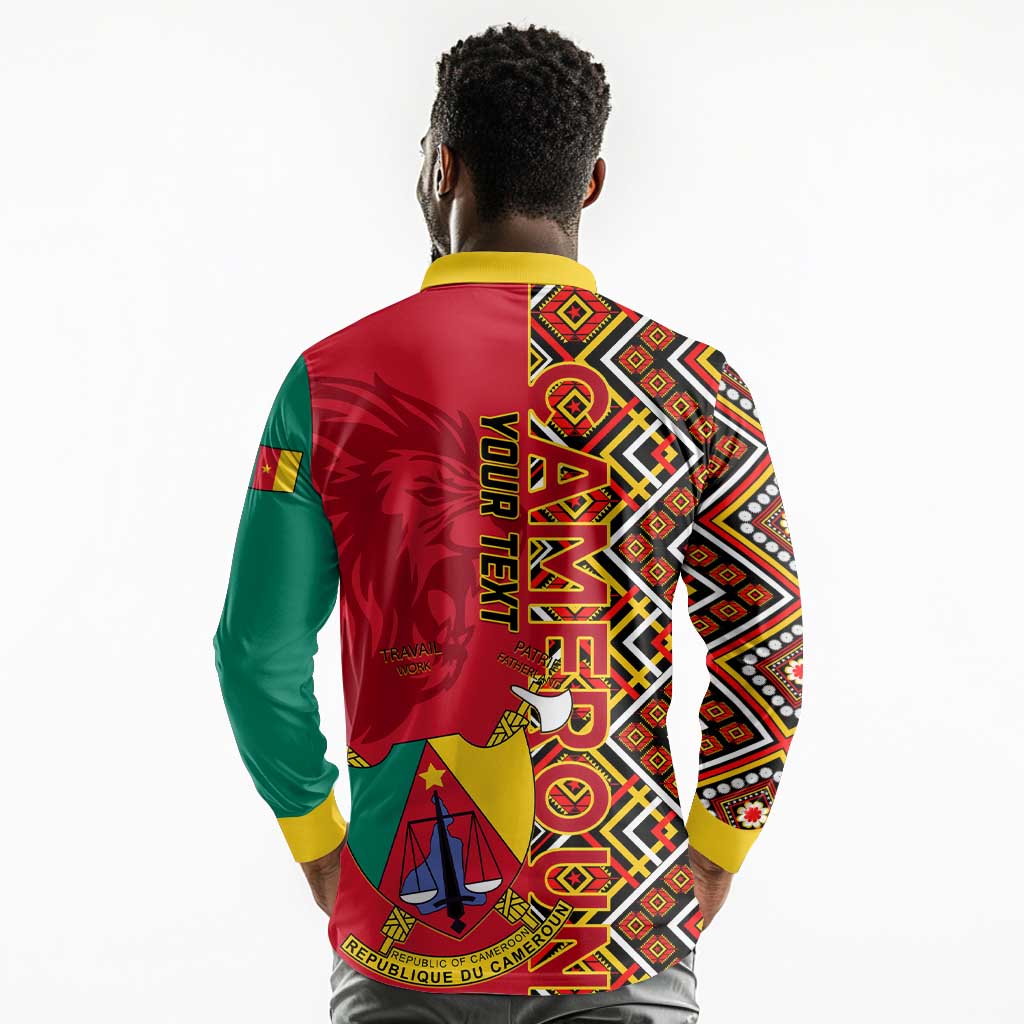 Cameroon National Day Long Sleeve Polo Shirt Cameroun Coat Of Arms Ankara Pattern