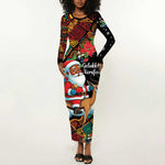 South Africa Gelukkige Kersfees Long Sleeve Bodycon Dress Black Santa Claus Riding Springbok LT01