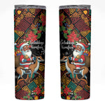South Africa Gelukkige Kersfees Skinny Tumbler Black Santa Claus Riding Springbok