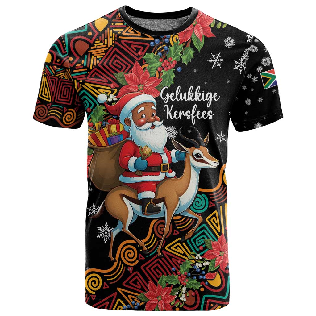 South Africa Gelukkige Kersfees T shirt Black Santa Claus Riding Springbok
