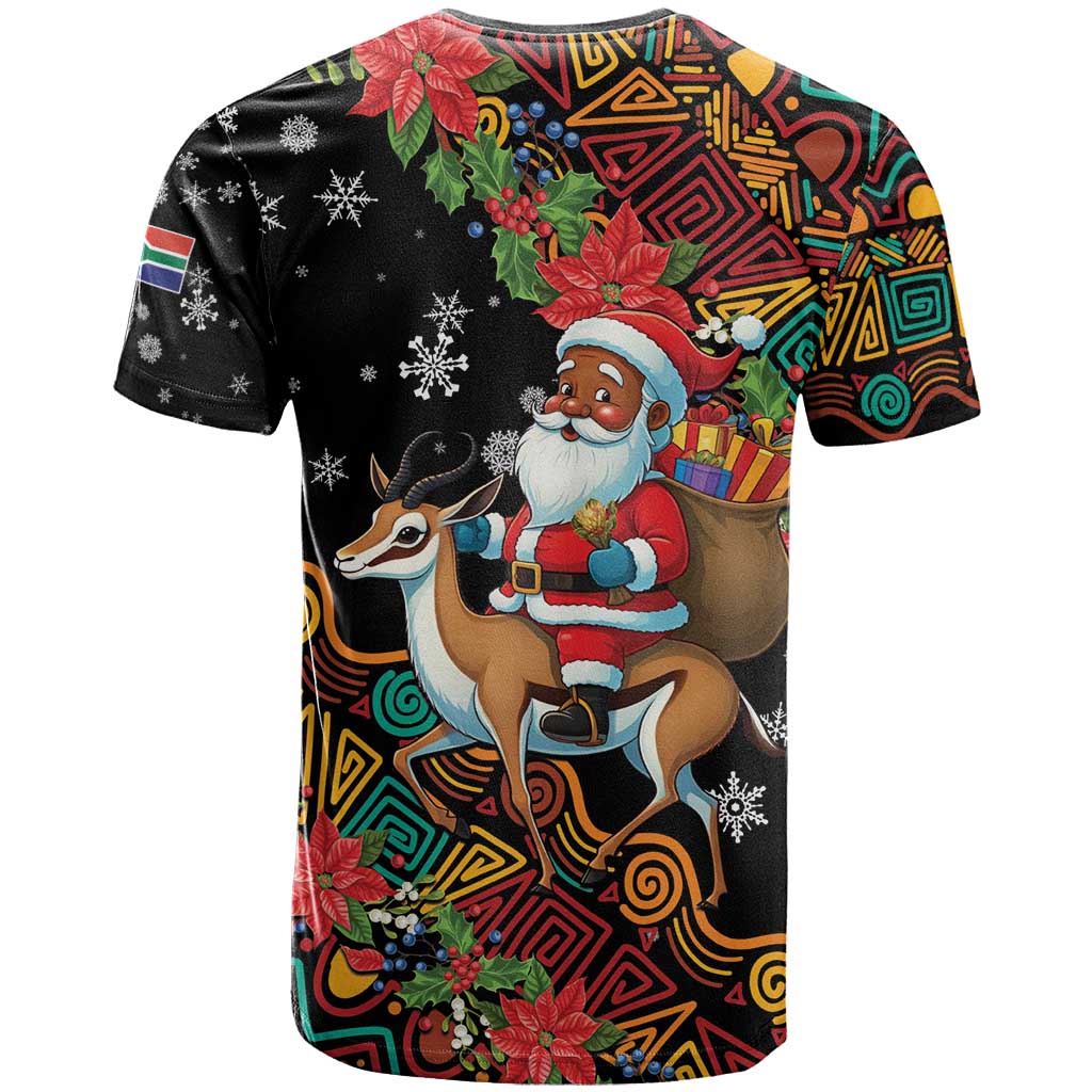 South Africa Gelukkige Kersfees T shirt Black Santa Claus Riding Springbok