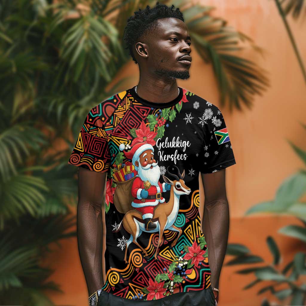 South Africa Gelukkige Kersfees T shirt Black Santa Claus Riding Springbok