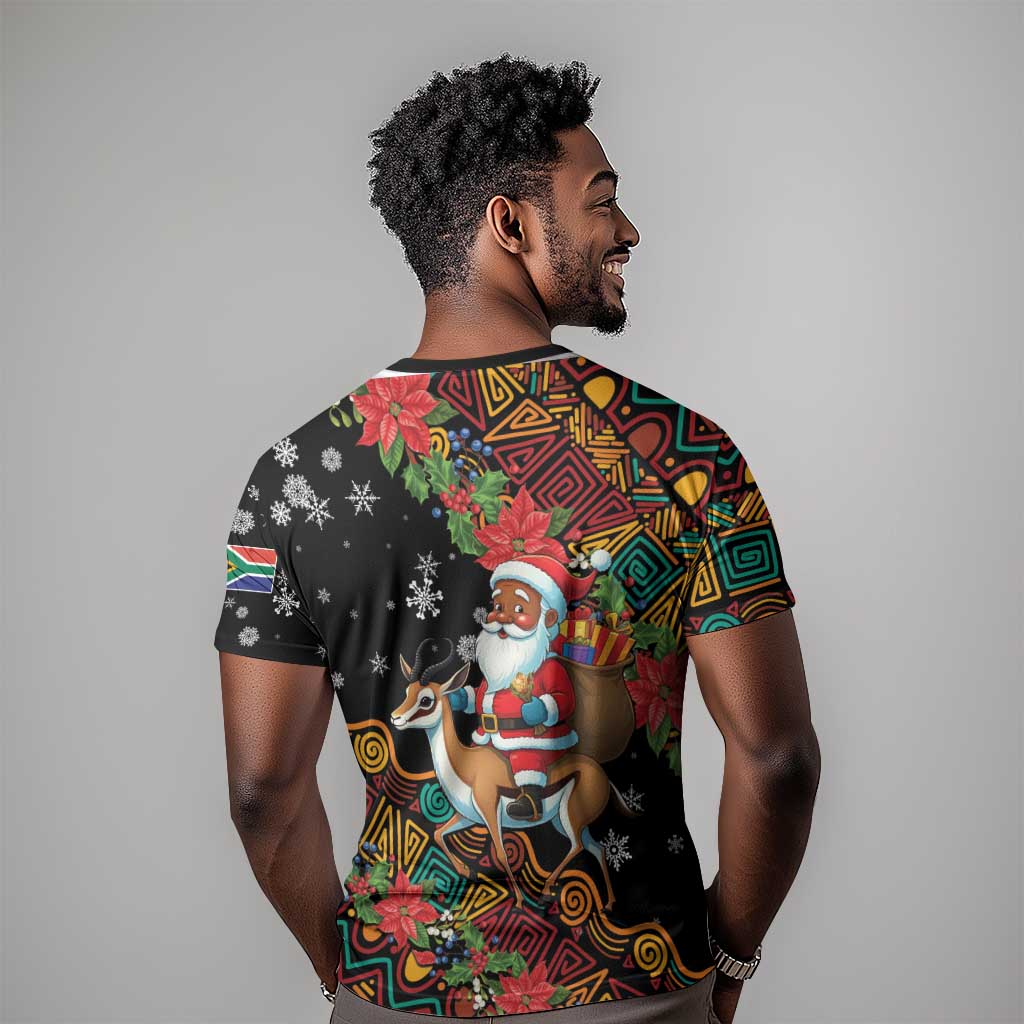 South Africa Gelukkige Kersfees T shirt Black Santa Claus Riding Springbok