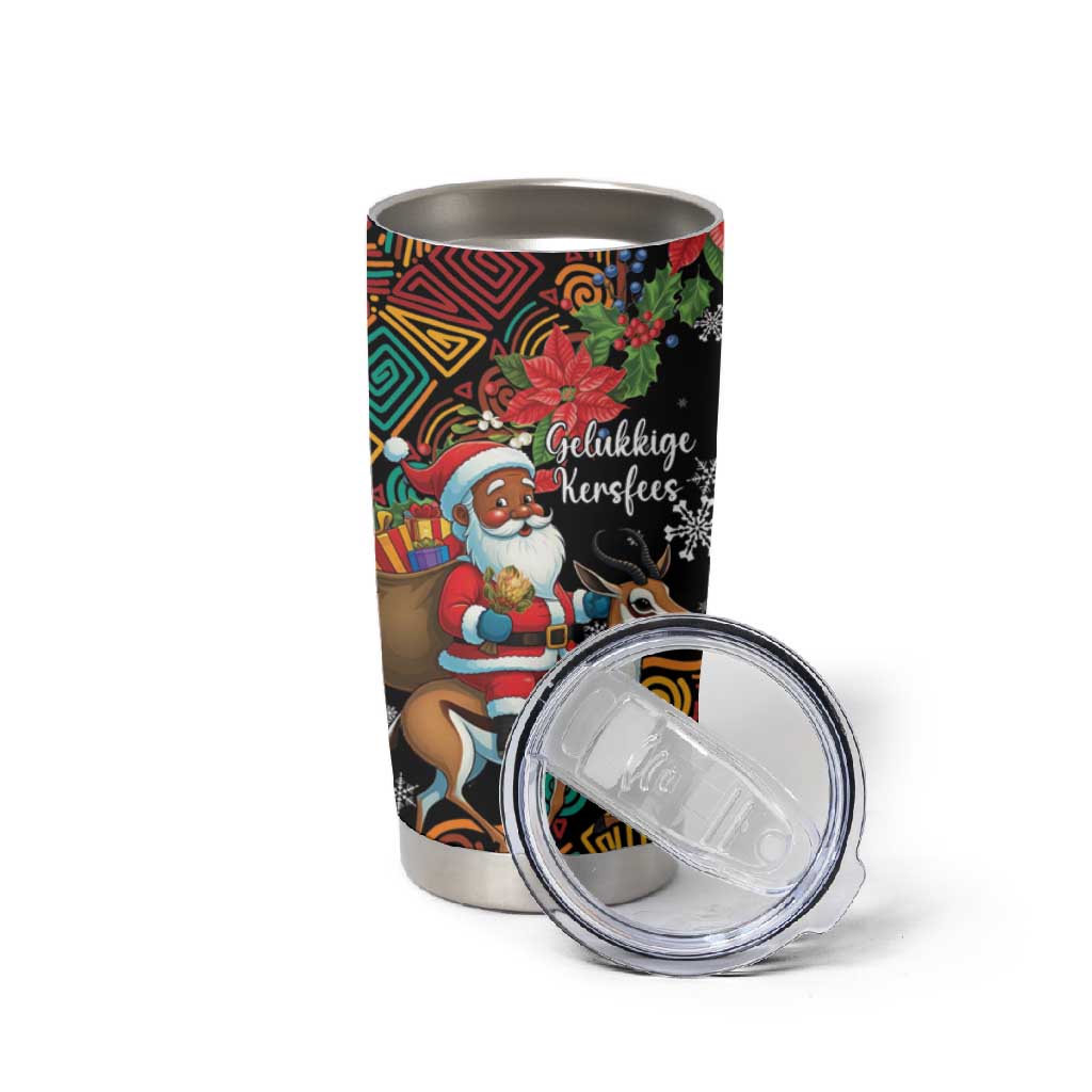 South Africa Gelukkige Kersfees Tumbler Cup Black Santa Claus Riding Springbok