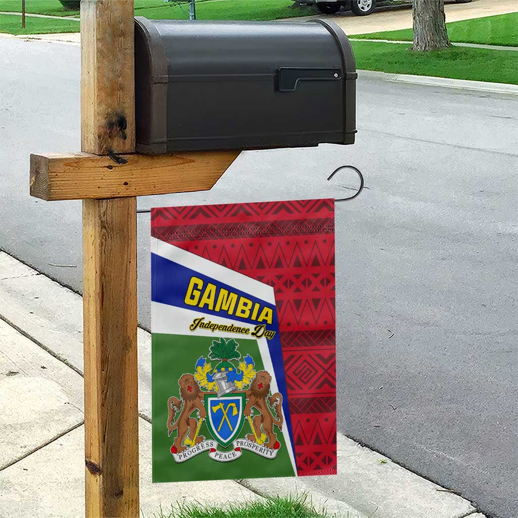 Gambia Independence Day Garden Flag with Coat of Arms and African Pattern