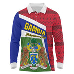 Gambia Independence Day Long Sleeve Polo Shirt with Coat of Arms and African Pattern