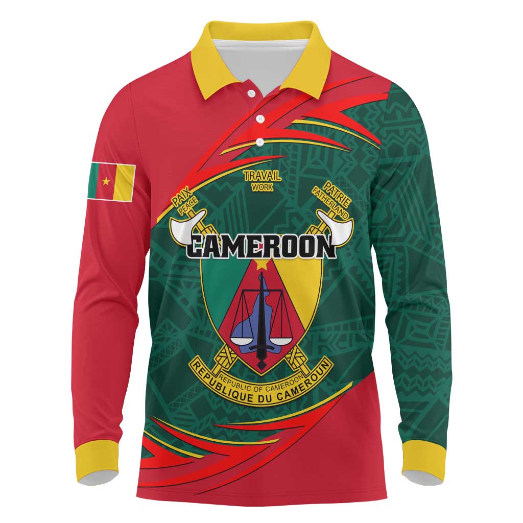 Personalized Cameroon Long Sleeve Polo Shirt with Cameroun Coat of Arms and African Pattern