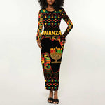 Kwanzaa Festival Long Sleeve Bodycon Dress with Kinara Candles and African Pattern LT01