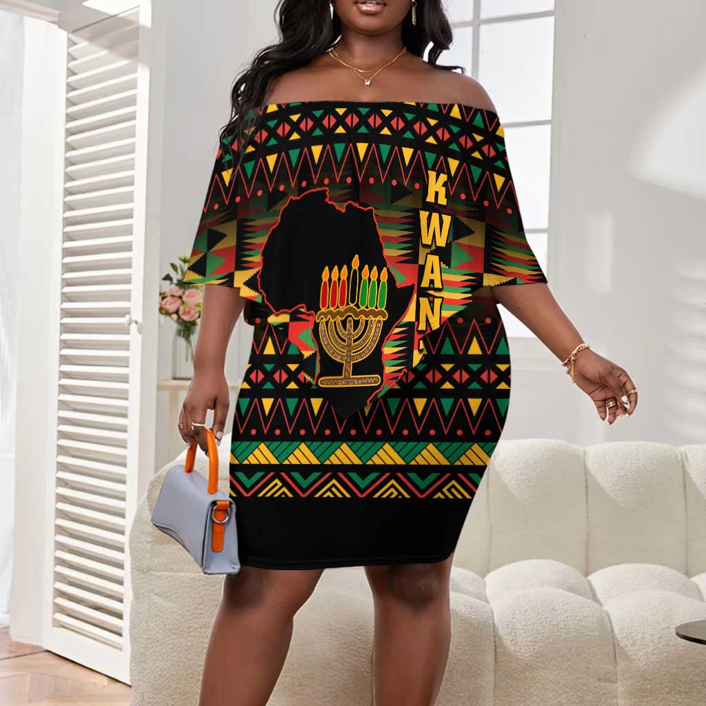 Kwanzaa Festival Off Shoulder Short Dress with Kinara Candles and African Pattern by AfricanPride Kwanzaa Festival Off Shoulder Short Dress with Kinara Candles and African Pattern by AfricanPride