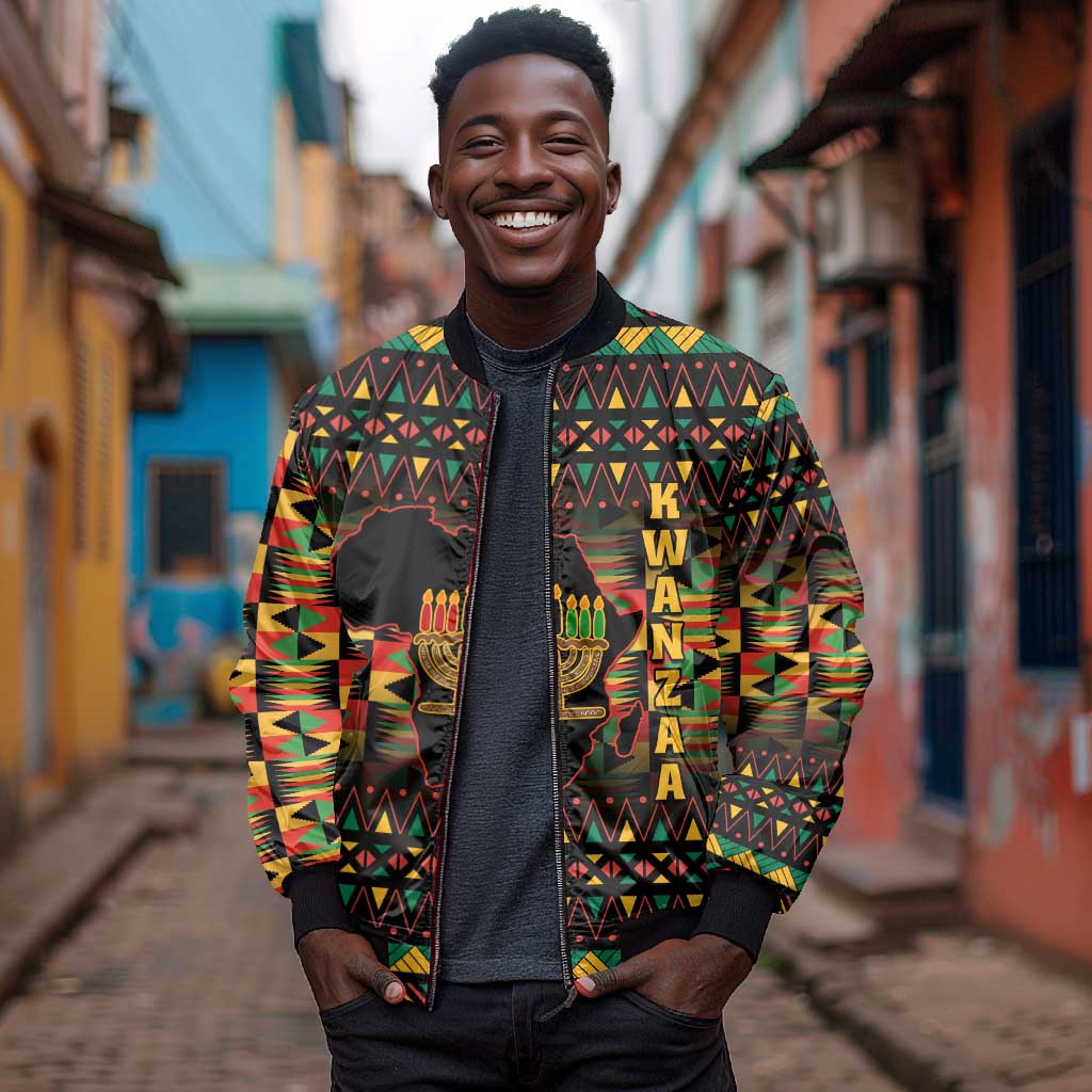 Kwanzaa Festival Sleeve Zip Bomber Jacket with Kinara Candles and African Pattern