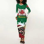 Morocco Christmas Long Sleeve Bodycon Dress Santa Lion With Rose Xmas Vibe LT01