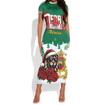 Morocco Christmas Short Sleeve Bodycon Dress Santa Lion With Rose Xmas Vibe LT01