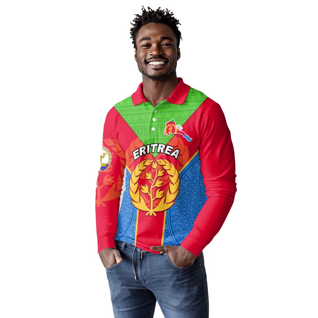 Custom Eritrea Long Sleeve Polo Shirt with Eritrean Emblem Flag and African Pattern Design