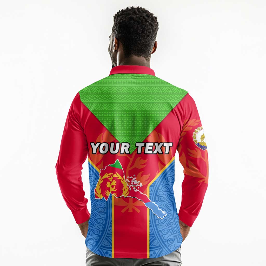 Custom Eritrea Long Sleeve Polo Shirt with Eritrean Emblem Flag and African Pattern Design
