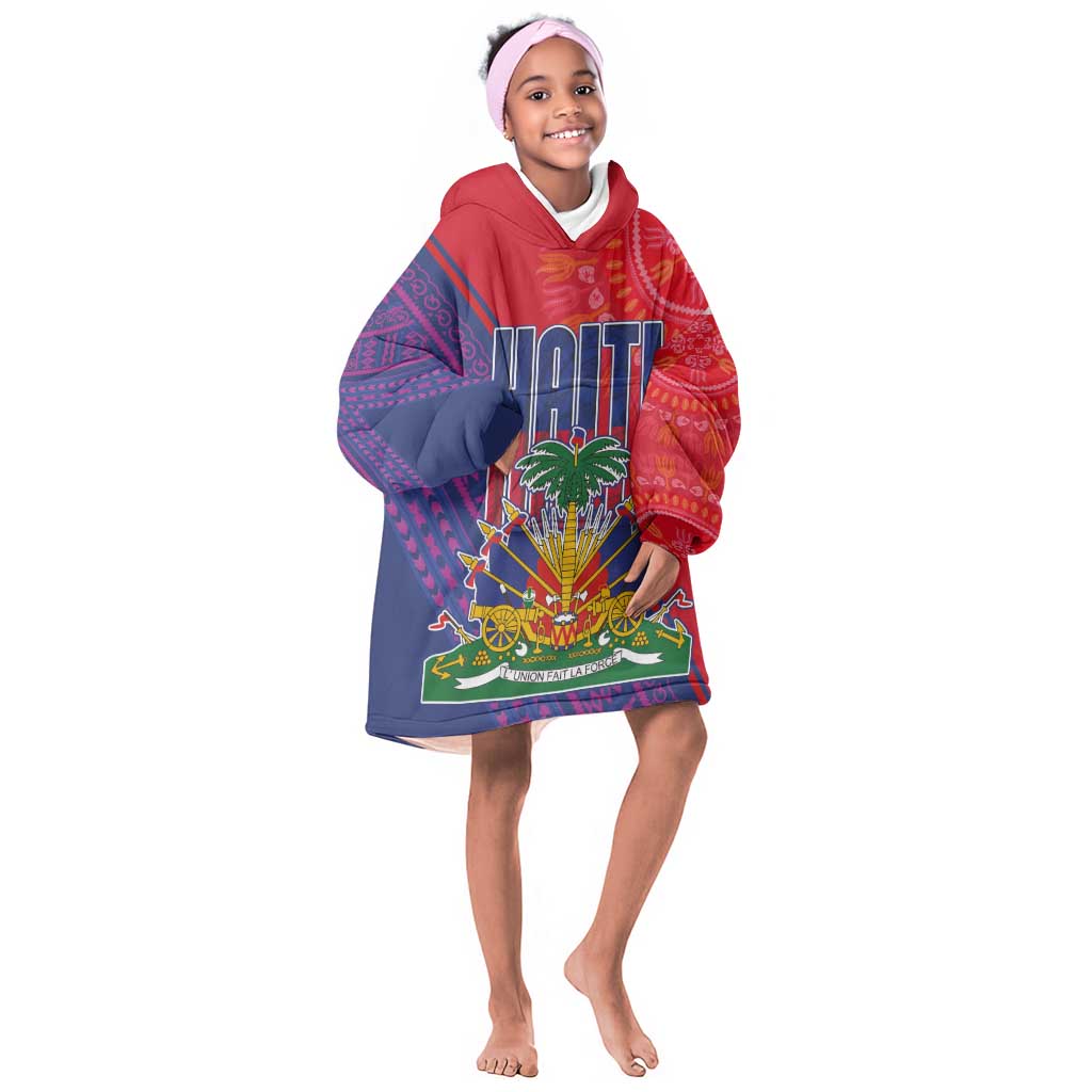 Haiti National Emblem Kid Wearable Blanket Hoodie Dashiki and Polynesian Pattern