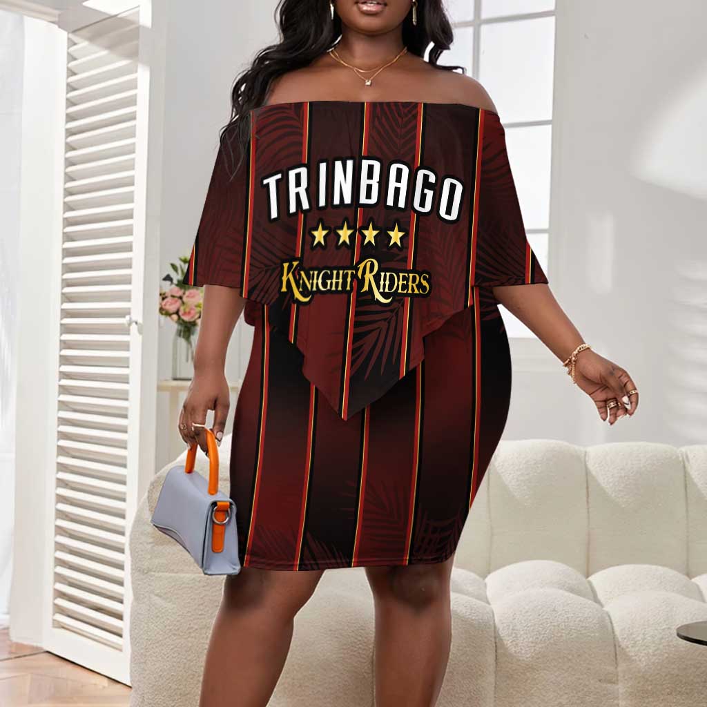 Custom Afro-Trinbago Cricket Knight Riders Off Shoulder Short Dress Palm Leaves Stripes Style - African Pride