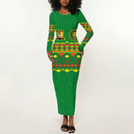 Custom Cameroon Football Long Sleeve Bodycon Dress Tribal Motifs Green Color - African Pride
